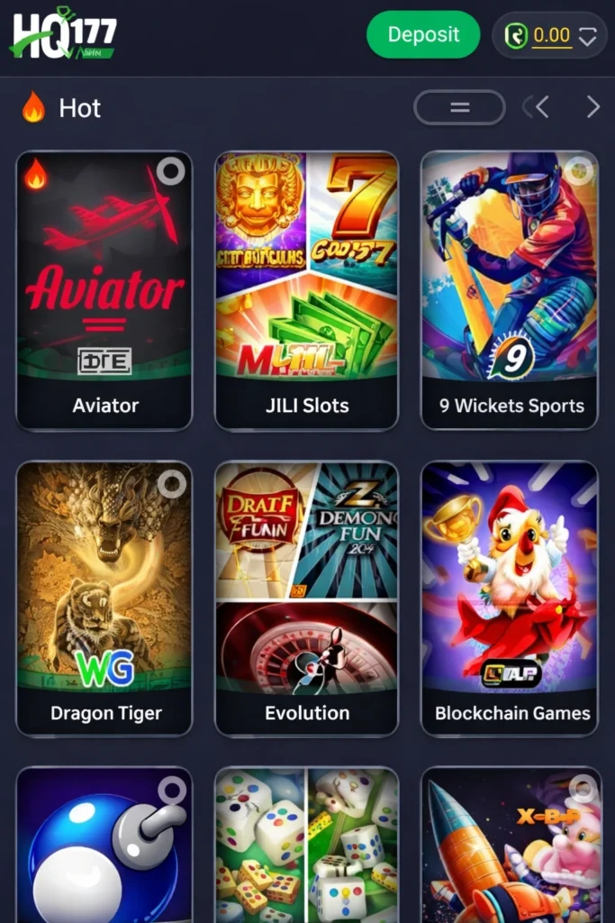 Hq177 Game lobby showing Aviator, JILI Slots, Dragon Tiger and casino games interface