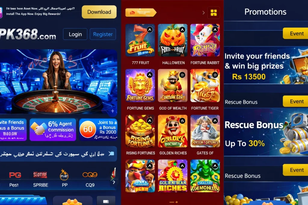 PK368 online gaming app interface with slot games and promotions dashboard