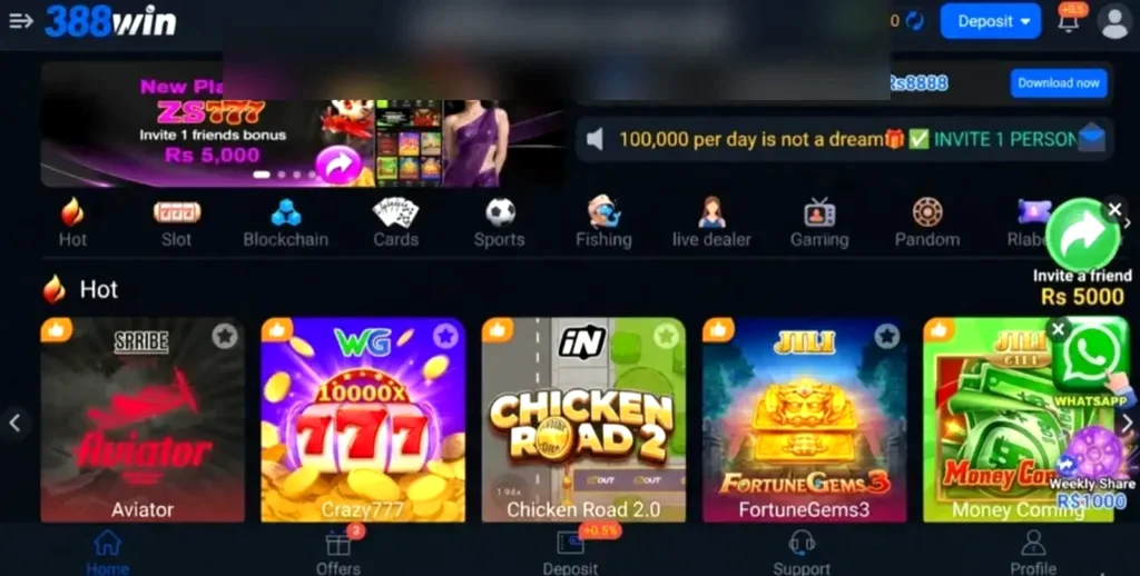 388win Game mobile app interface on smartphone showing casino games and login screen with dark blue background