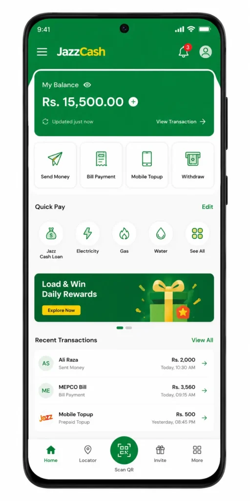 JazzCash mobile app user interface mockup,
Android smartphone screen, showing home dashboard
with send money, bill payment, mobile topup,
and withdraw buttons, green and white color theme,
clean modern UI design, Pakistan mobile wallet,
high quality PNG, white background