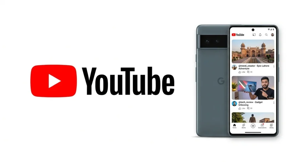 YouTube app featured image, white background,
red rounded rectangle logo with white play
button triangle in center, "YouTube" text
in black beside logo, Android smartphone
showing app, clean professional design,