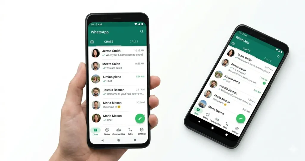 WhatsApp chat interface mockup on Android
smartphone, green and white color theme,
showing message bubbles, contact list,
bottom navigation bar, realistic UI design,
white background,