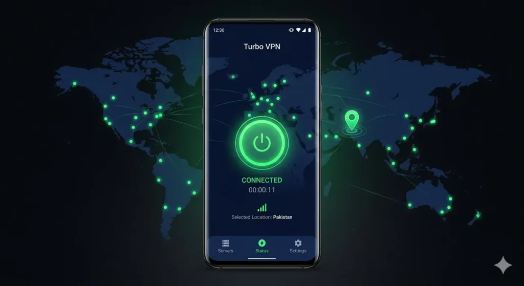 A dark themed smartphone mockup showing the Turbo VPN app interface on an Android screen. A large glowing green connected button sits in the center. A world map fills the background with glowing server dots across multiple continents. A location pin highlights Pakistan on the map. The color scheme uses deep navy blue and electric green. Modern flat UI design. 4K quality render. No text overlays. Clean professional tech style.