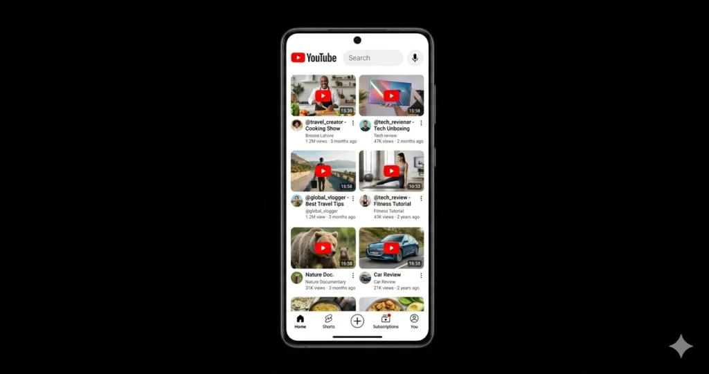 YouTube home feed interface mockup on Android
smartphone, white background, video thumbnails
in grid layout, red play icons, bottom navigation
bar, search bar at top, realistic modern UI
design,