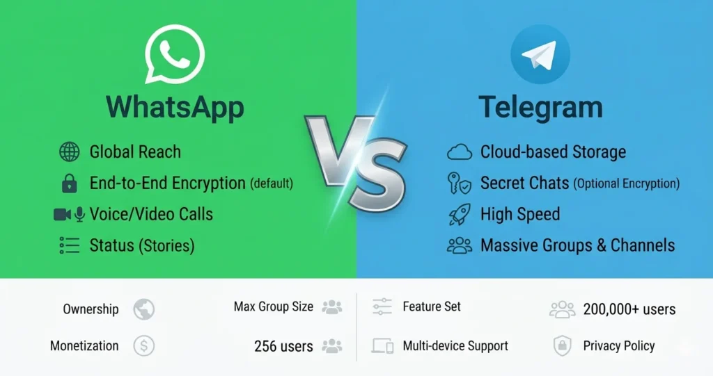 WhatsApp vs Telegram comparison graphic,
split design, left side green #25D366
WhatsApp, right side blue Telegram,
versus symbol in middle, clean minimal
design, white background,