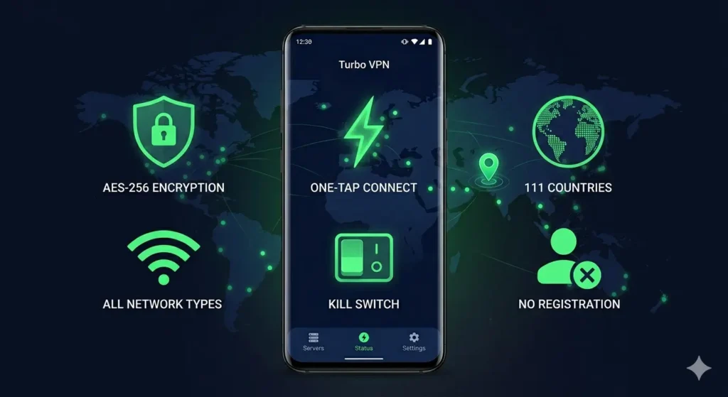 A clean flat design infographic on a dark navy background. Six feature icons arranged in a 2 by 3 grid. Icon 1: a shield with a padlock for AES-256 encryption. Icon 2: a lightning bolt for one-tap fast connect. Icon 3: a globe with server dots for 111 countries. Icon 4: a WiFi signal for all network types. Icon 5: a power switch for kill switch protection. Icon 6: a user silhouette with a cross for no registration required. Each icon has a short white label below it. Electric green accent color. Modern tech infographic style.