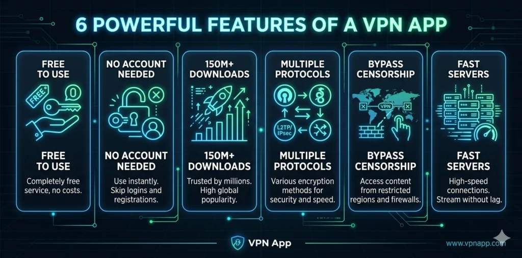 A modern infographic showing 6 features of a VPN app:
"Free to Use", "No Account Needed", "150M+ Downloads",
"Multiple Protocols", "Bypass Censorship", "Fast Servers".
Dark tech background, neon blue/green accent icons,
flat design style, horizontal layout, 1200x600px.