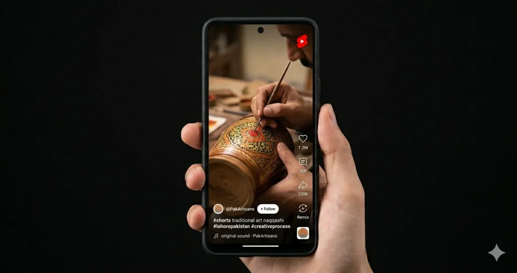 YouTube Shorts vertical video interface on
Android phone, dark background, full screen
video playing, like comment share buttons
on right side, red Shorts icon, realistic
UI mockup, high quality