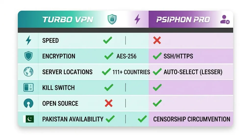 A side by side comparison card layout. Left panel uses teal and white with the Turbo VPN label. Right panel uses purple and white with the Psiphon Pro label. Six horizontal rows compare speed, encryption, server locations, kill switch, open source status and Pakistan availability. Green checkmarks and red crosses for each feature. Clean modern infographic style. White background with dark text and colored headers.
