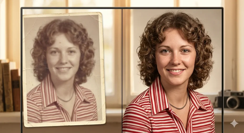 A split-screen comparison showing a blurry, faded old photograph on one side transforming into a sharp, vivid HD portrait on the other, warm nostalgic lighting, no text