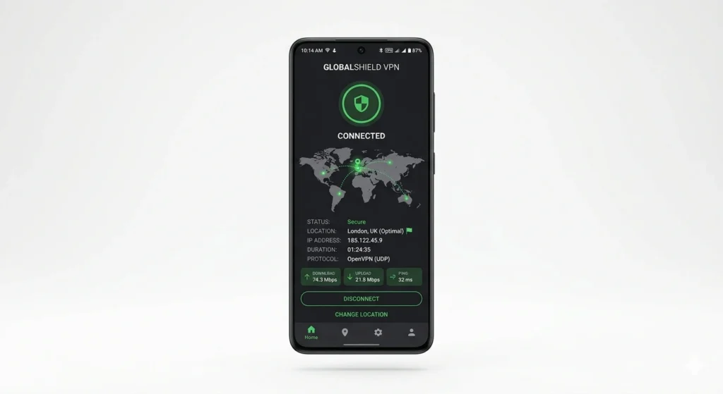 A realistic Android phone mockup showing a VPN app interface.
Screen displays a green "Connected" status with a world map
and dotted connection lines. Dark UI theme. Professional app
screenshot style. Clean white background around the phone.
