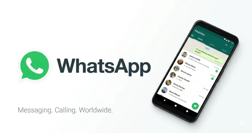 WhatsApp official style featured image,
green color theme #25D366, white phone
icon inside green circle, "WhatsApp" text
in dark color, Android smartphone showing
app, clean professional design,
white background,